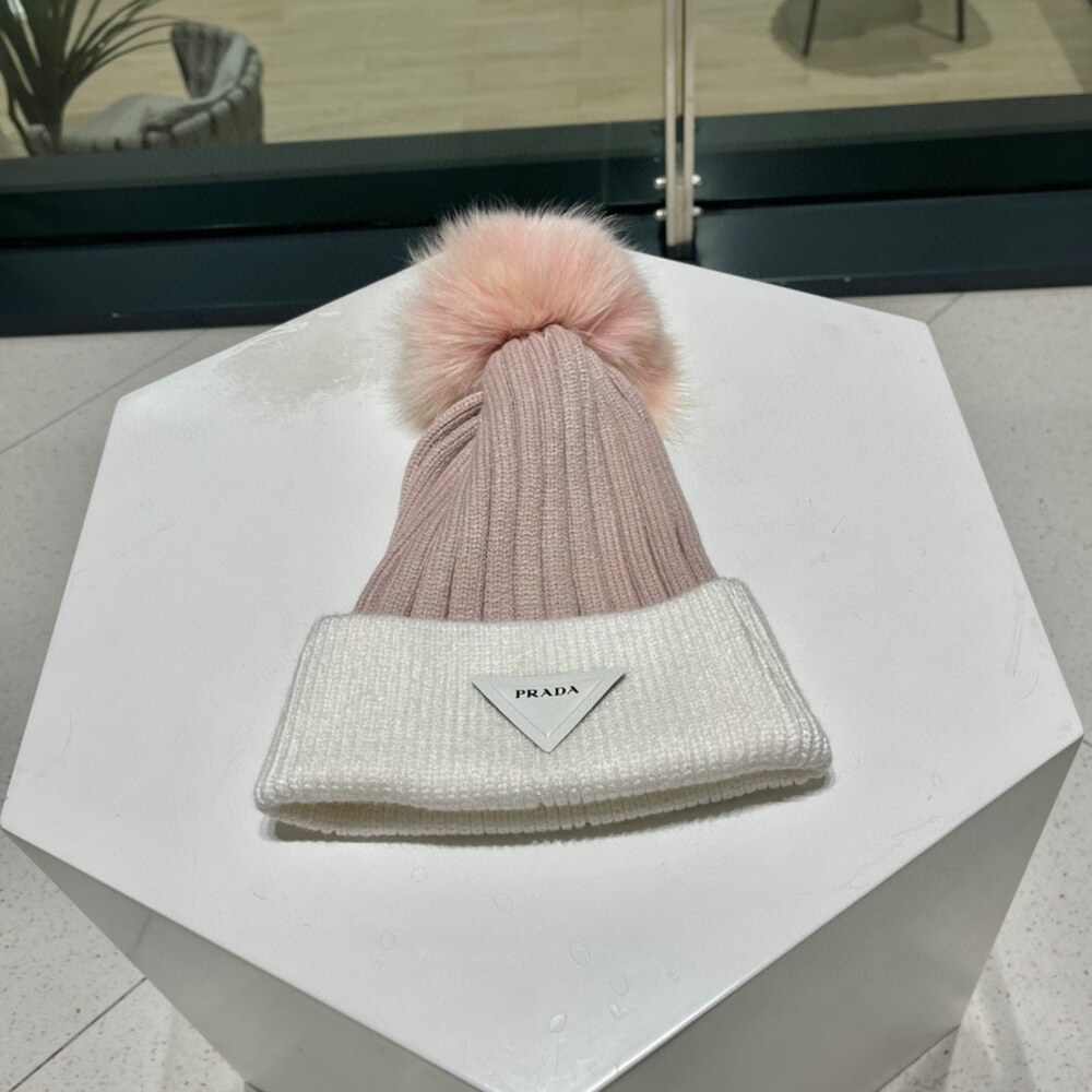 Prada Two Tone Knit Beanie with Pom Pom